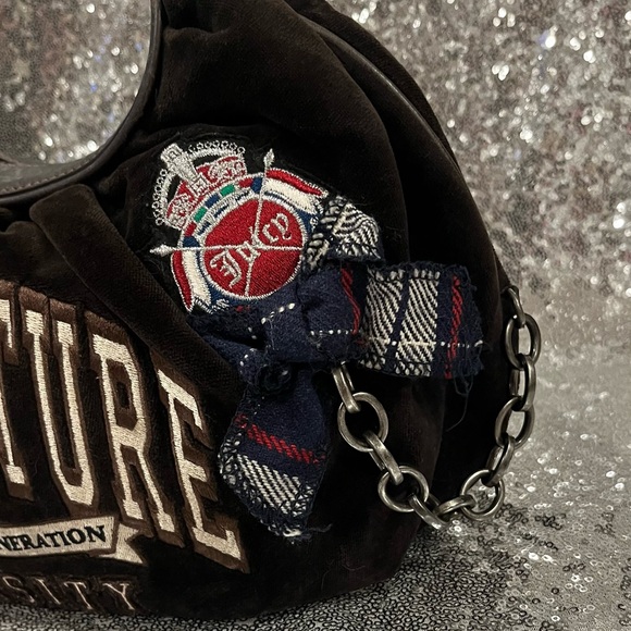 RARE VINTAGE Juicy Couture Trust Fund Brown Velvet 'University' Embroidered Hobo - Picture 4 of 15